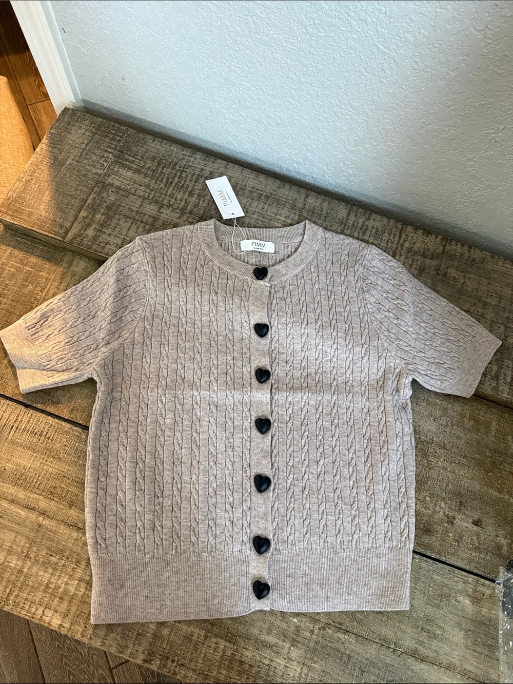 Pimkni Cable Knit Short-Sleeve Cardigan - Light Taupe